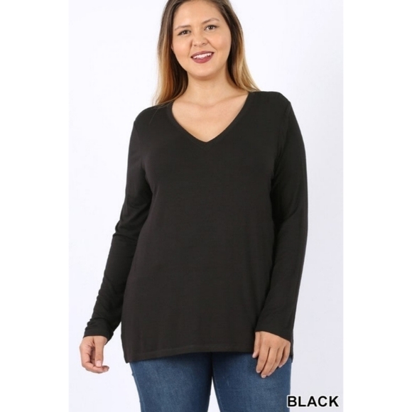 ZENANA Long Sleeve V Neck Top Black Size Large NWT - Picture 1 of 2